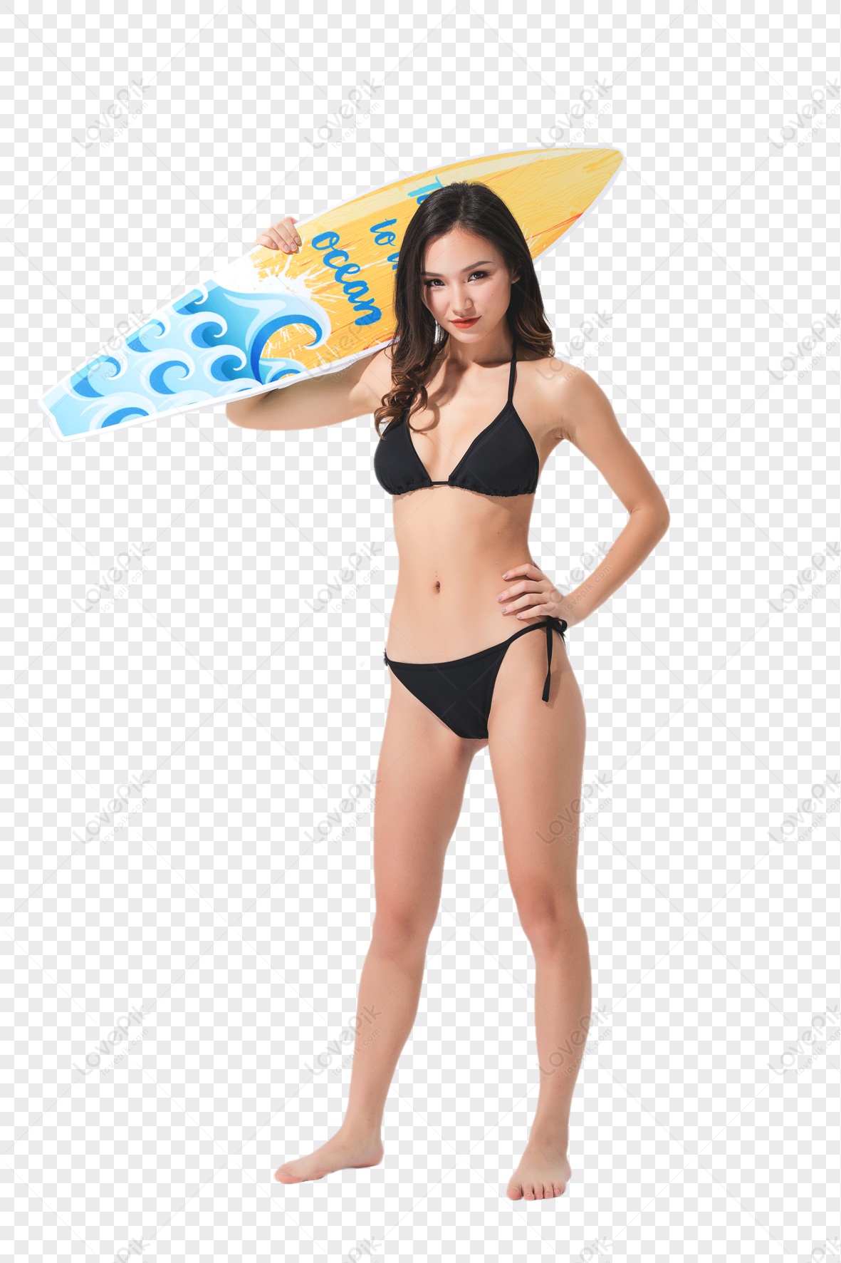 Mooie Vrouw In Zwarte Bikini Die Surfplank Houdt Afbeelding | Gratis grafiek Downloaden op Lovepik