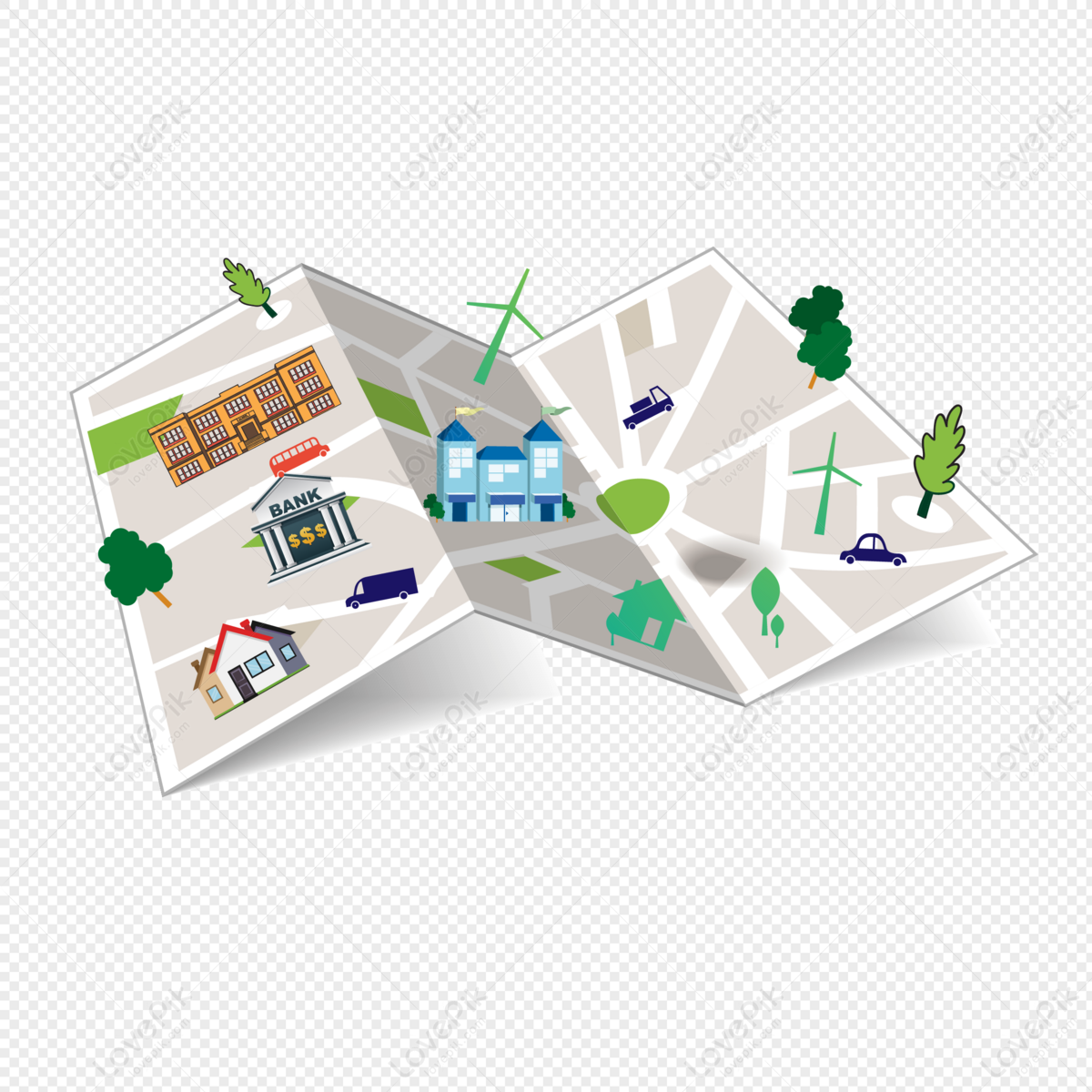 Map, geometric town, leaflets, material png white transparent