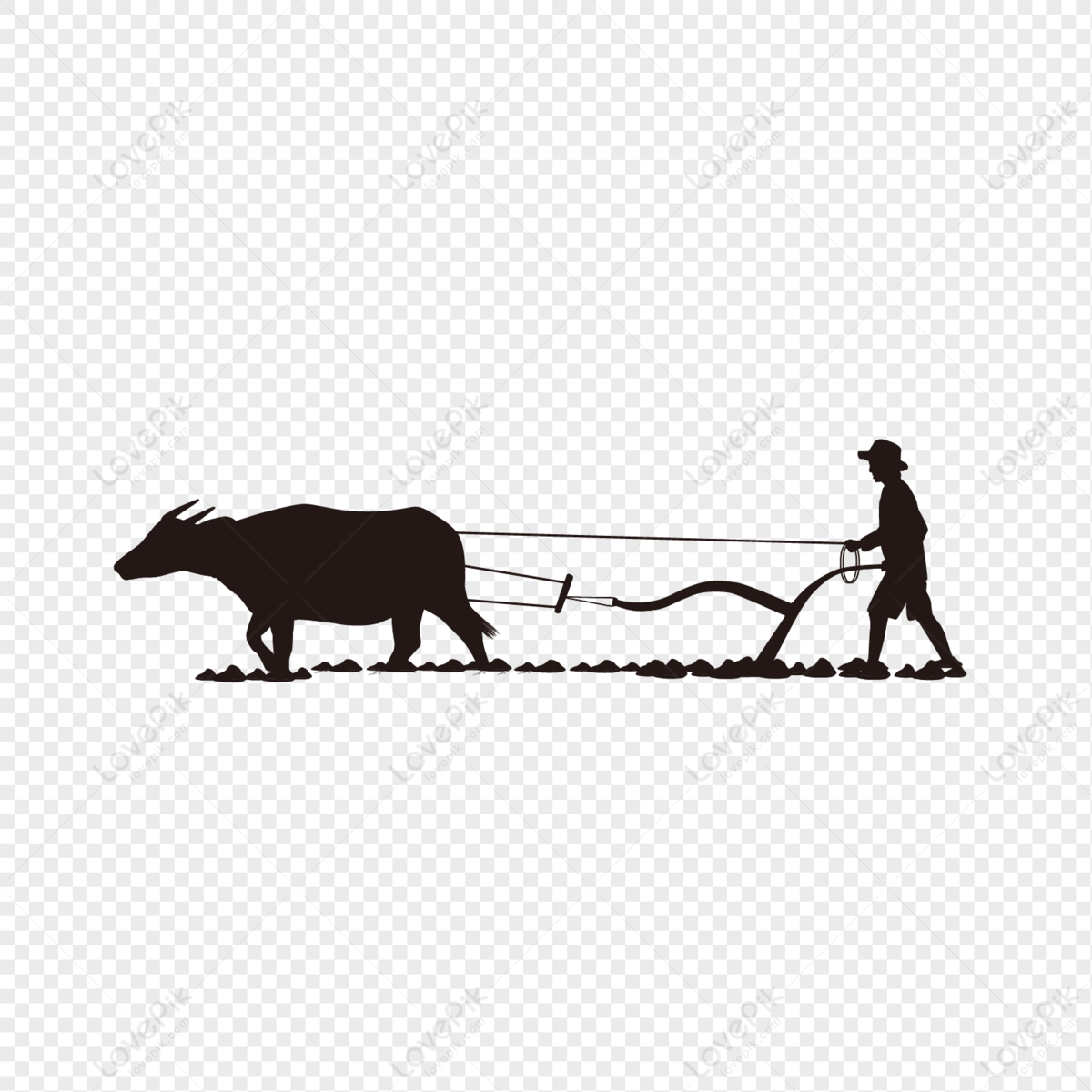 Farmer Ploughing Cattle Cultivated Land Silhouette Elements, Cultivated ...
