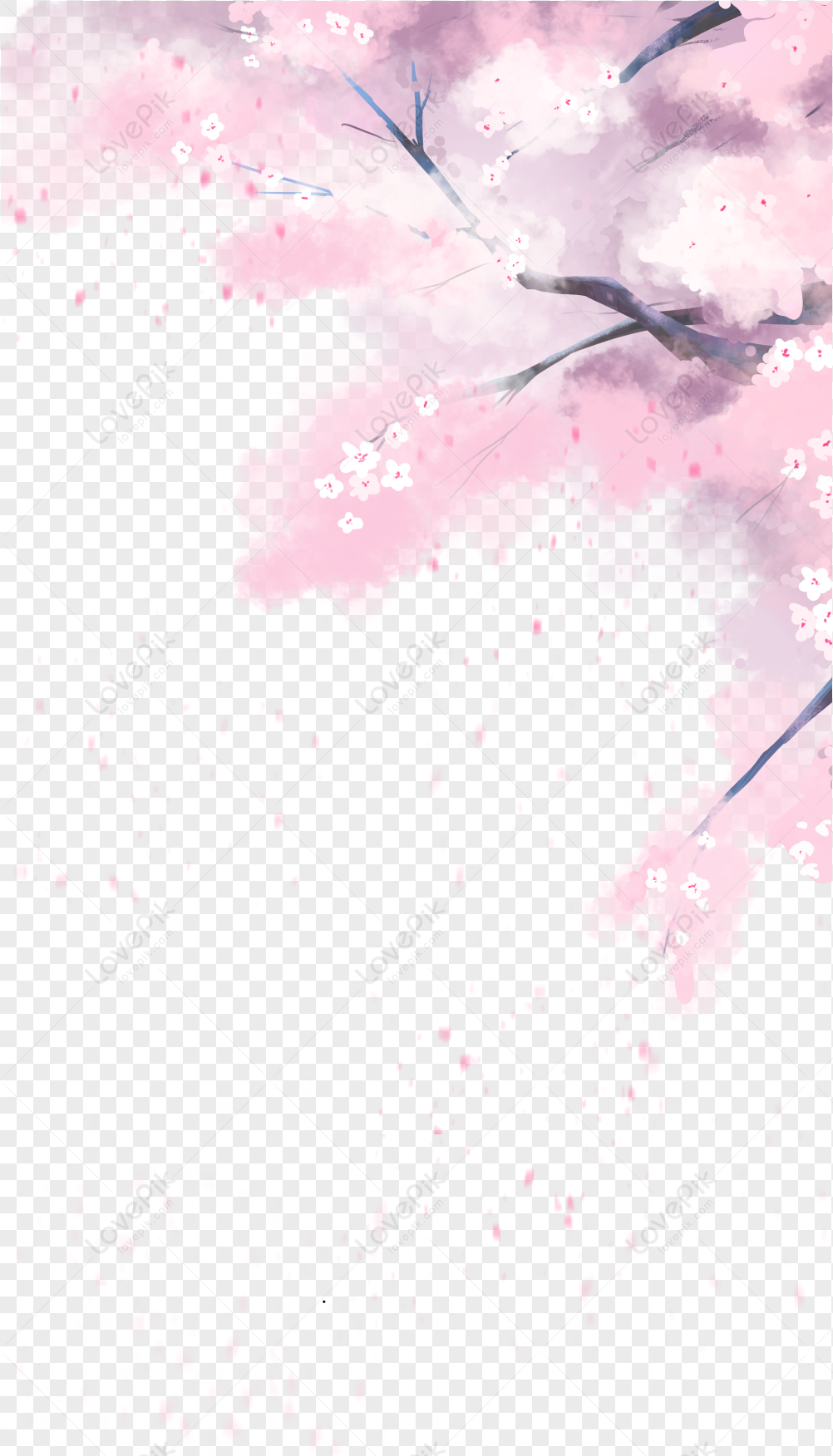 Cherry Blossom Tree with Falling Petals on Transparent Background
