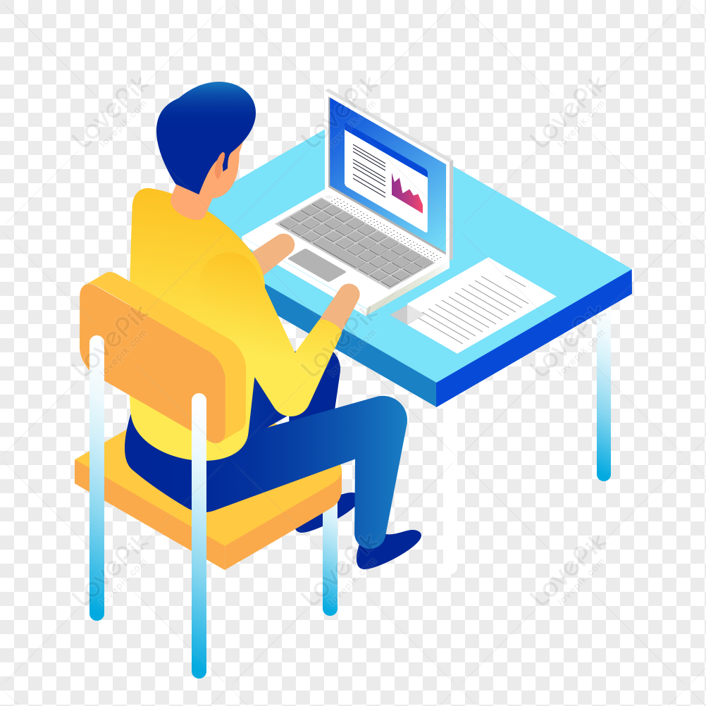Man working at the desk with a computer, computer, computer desk, material png image