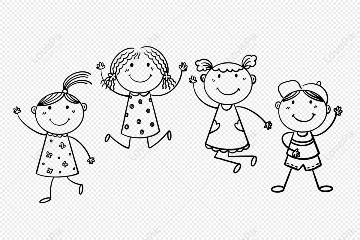 Kids, children, stick figures, happy, drawing, line art, png