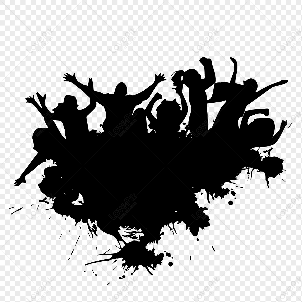 Multiple people silhouettes, black and white, multiple people silhouette, carnival png transparent background