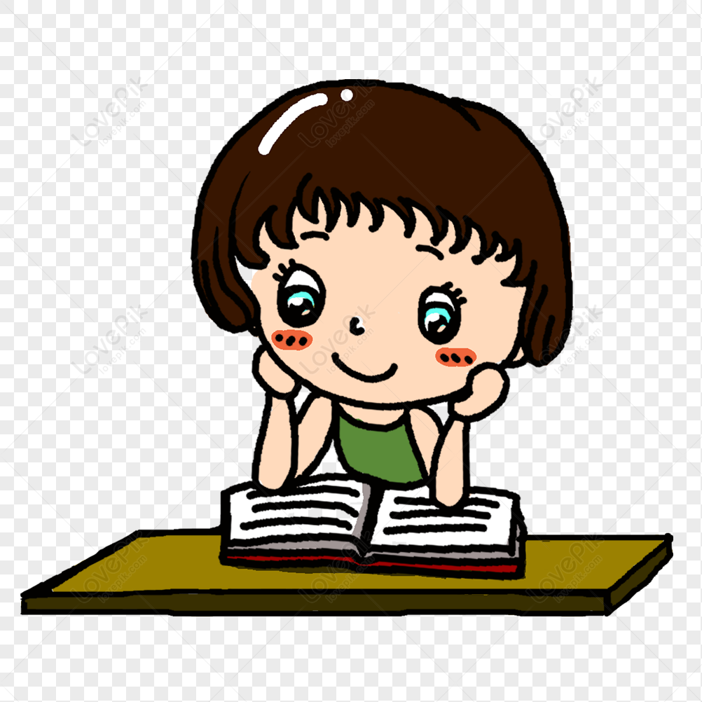 Cartoon girl reading book PNG.