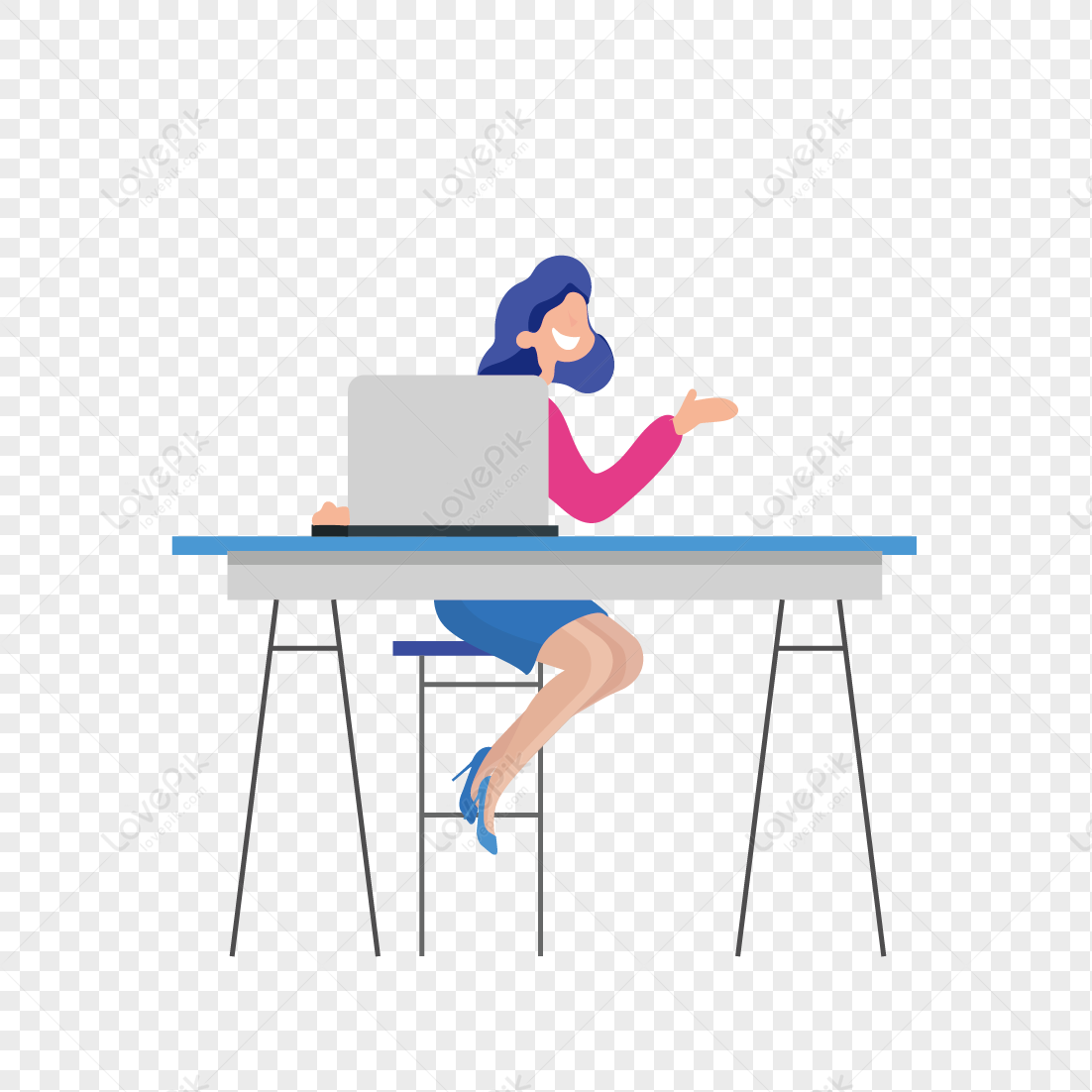 An Office Lady, Pink Vector, Sitting Woman, Blue Vector PNG White ...