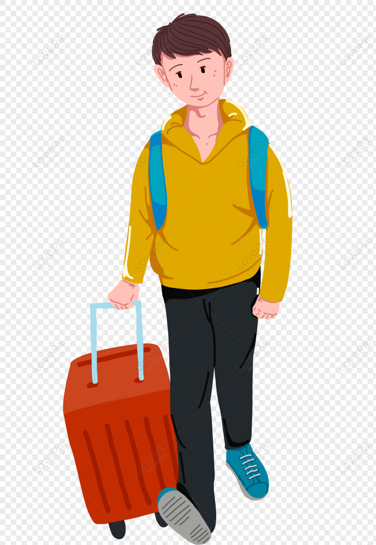 Take the luggage home Boy, backpack boy, boy holding, red suitcase png free download