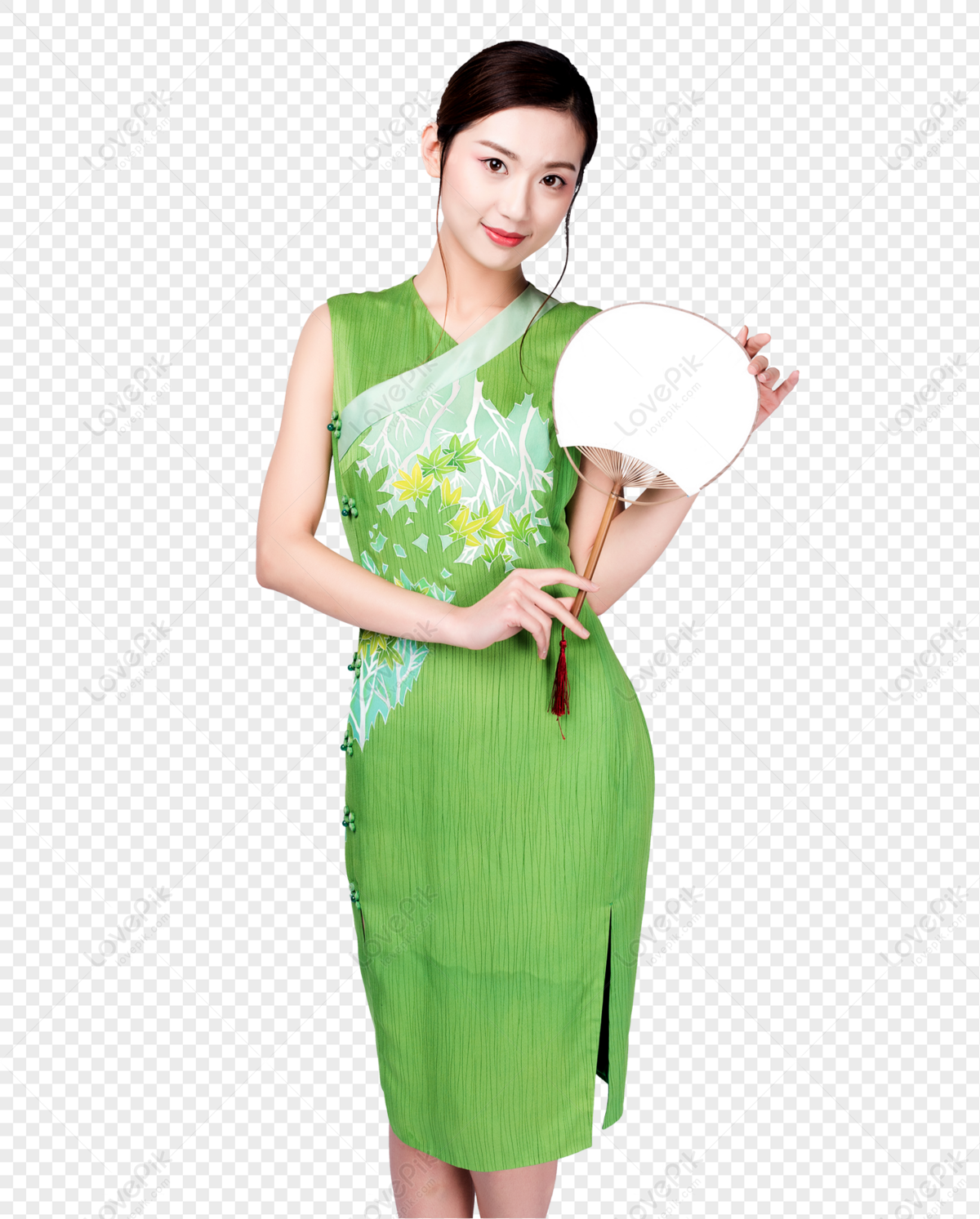 Beautiful Beauties Dressed In Green Cheongsam Holding A Cattail PNG ...