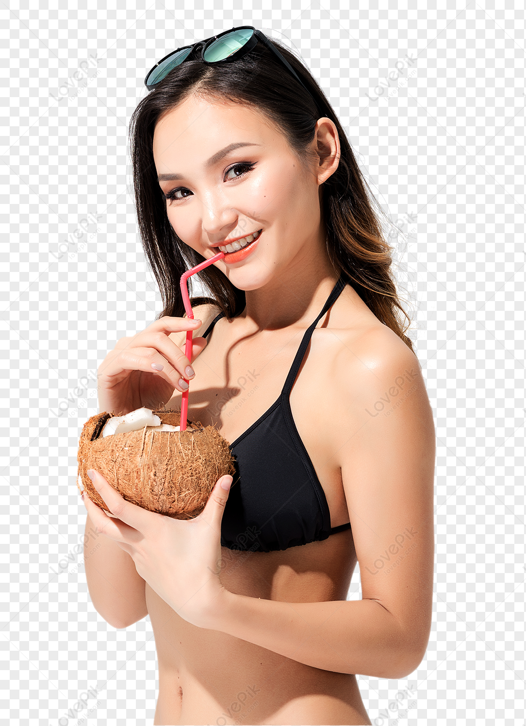 Black Bikini Swimsuit Drinks Coconut Milk, Drinking Straw, Water