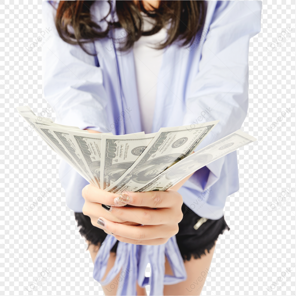 Cô gái trẻ xinh đẹp và rạng rỡ cầm trong tay những tờ tiền đầy cuốn hút, mang đến cho bạn một cảm giác thoải mái và háo hức.