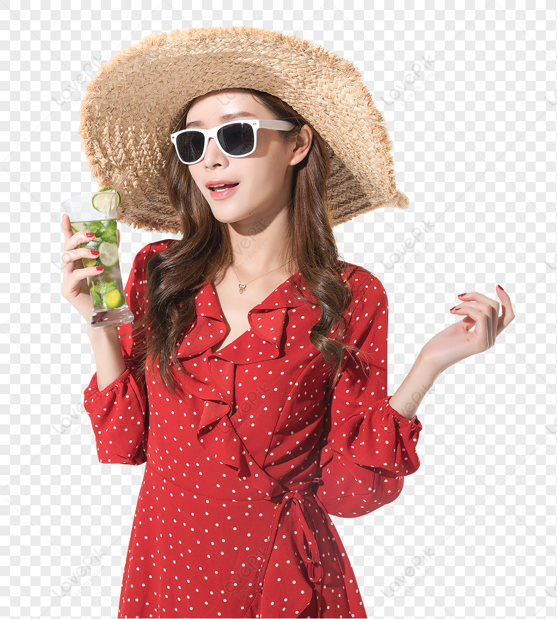 Fashion Women Drink In Summer, Red Straw, Red Woman, Lady.