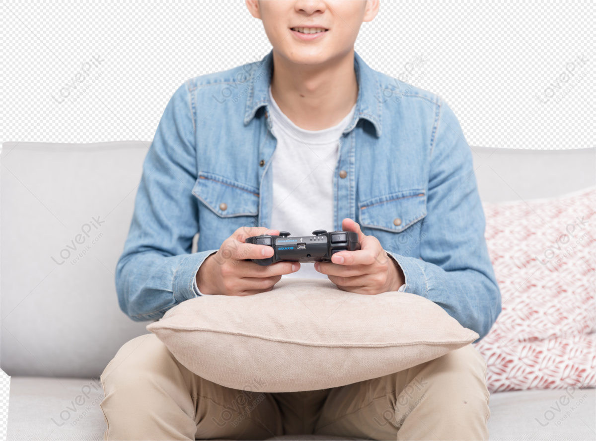 3D homem jogando no sofá. homem de personagem de desenho animado na  poltrona de saco vermelho jogar videogame. joga videogame no computador.  ilustração 3D. 11842288 PNG