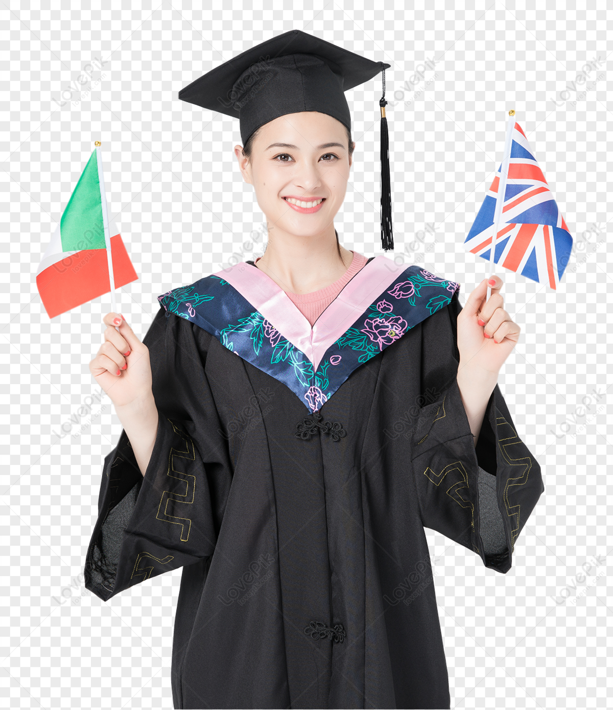 Graduates Studying Abroad Hold National Flags PNG Picture And Clipart