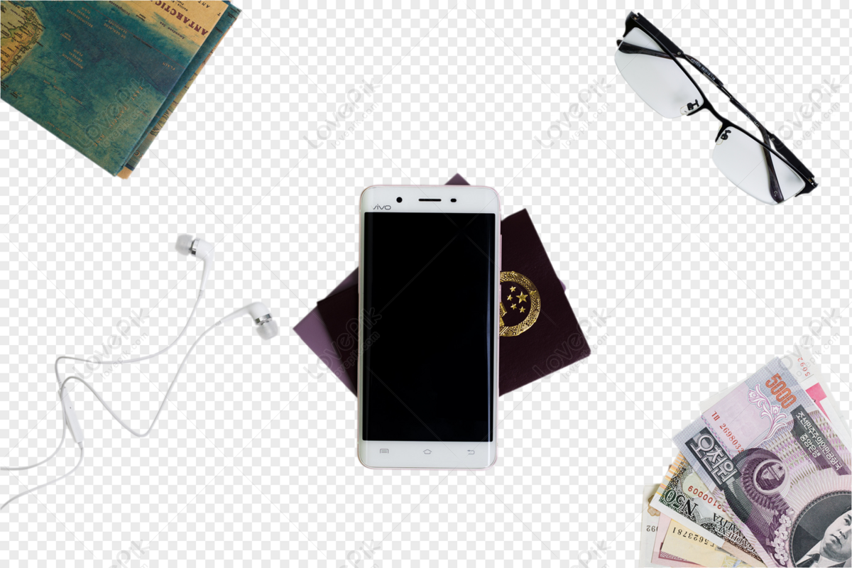 Travel vacation mobile phone passport headset, phone white, cell phone, finance png image free download