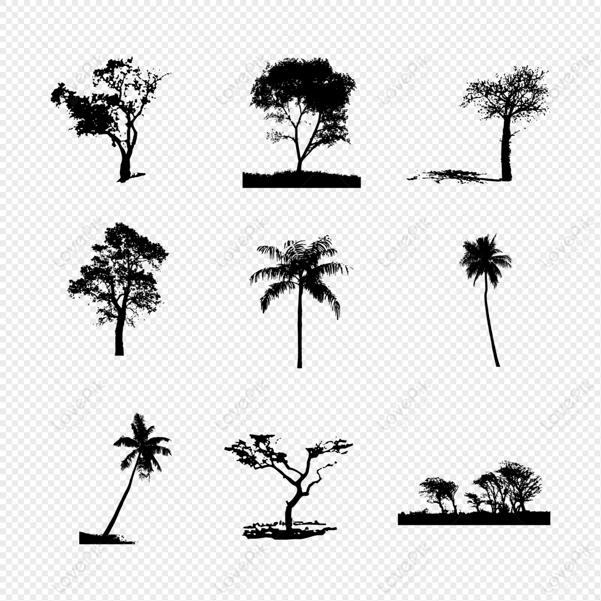 tree silhouette vector, black vector, black silhouettes, trees vector free png