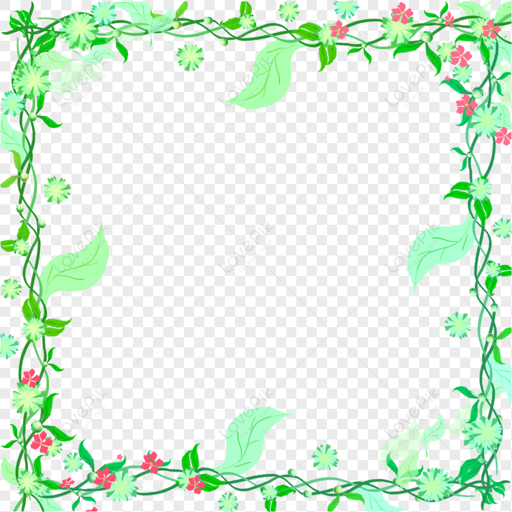 Cartoon Plant Border Pattern, Floral Frame, Painting Work, Green Pink ...