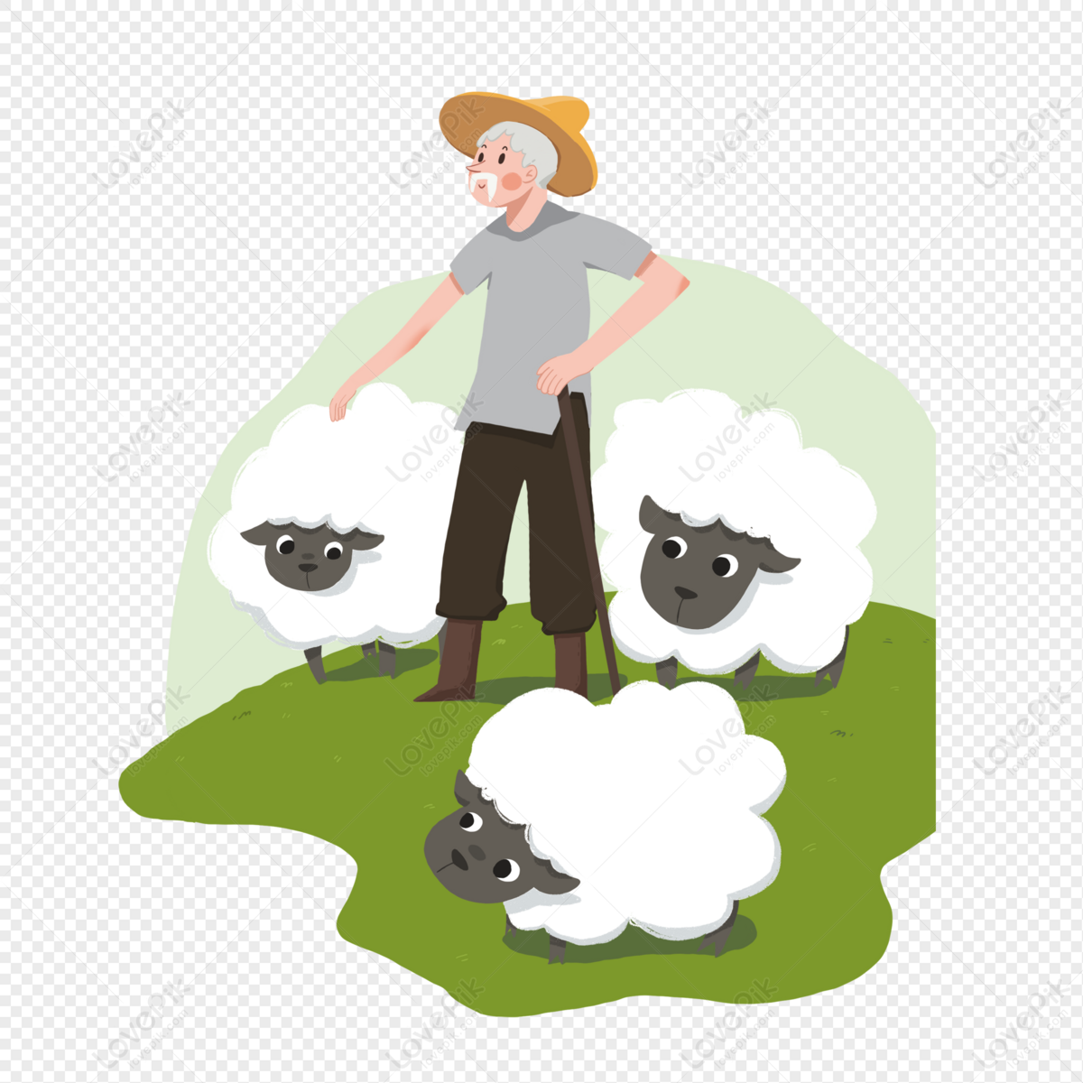 Grandpa A Sheep Herder, Farmer Man, Cartoon Vector, Cartoon Sheep PNG ...