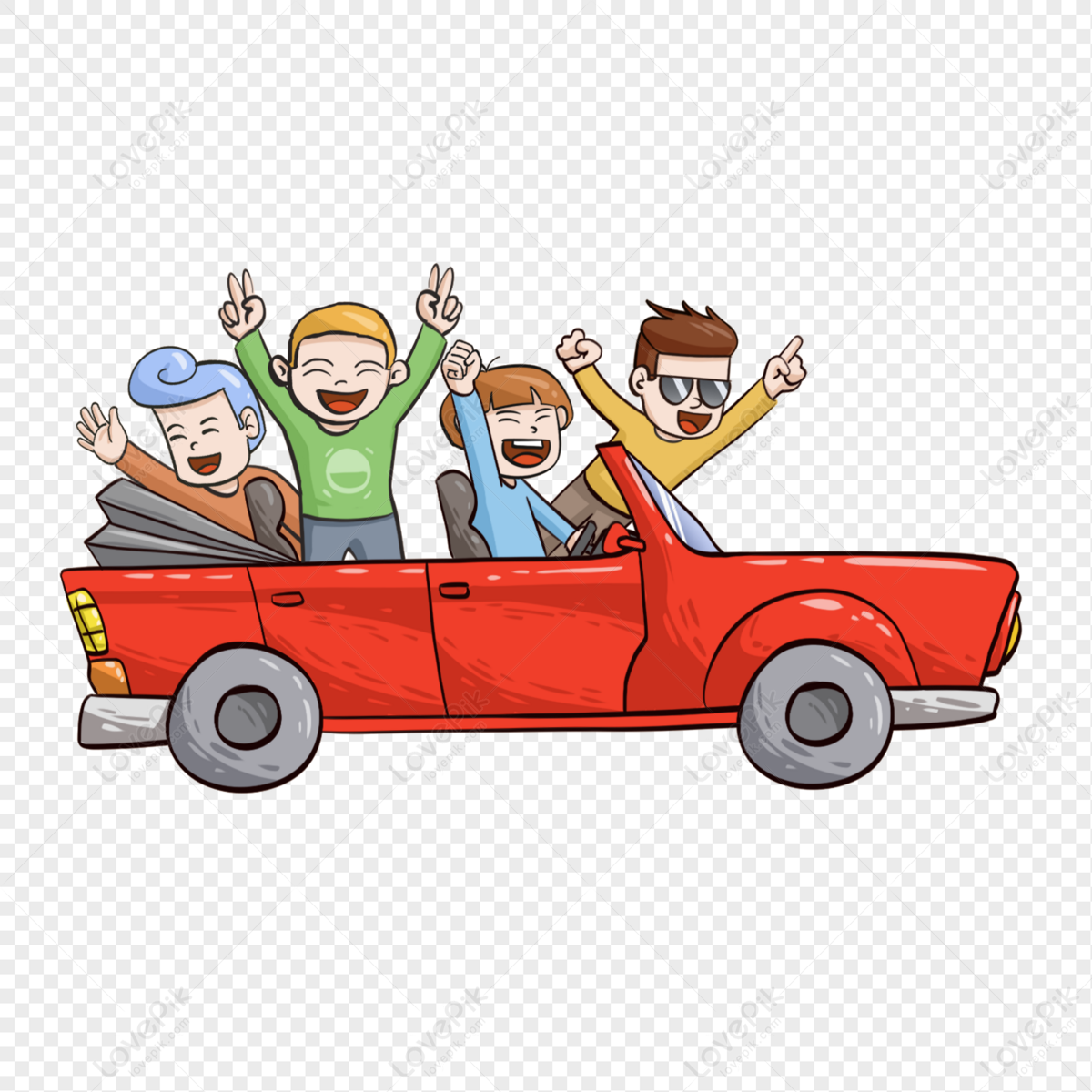 hand painted self driving family trip, brown car, cartoon travel, people travel png picture