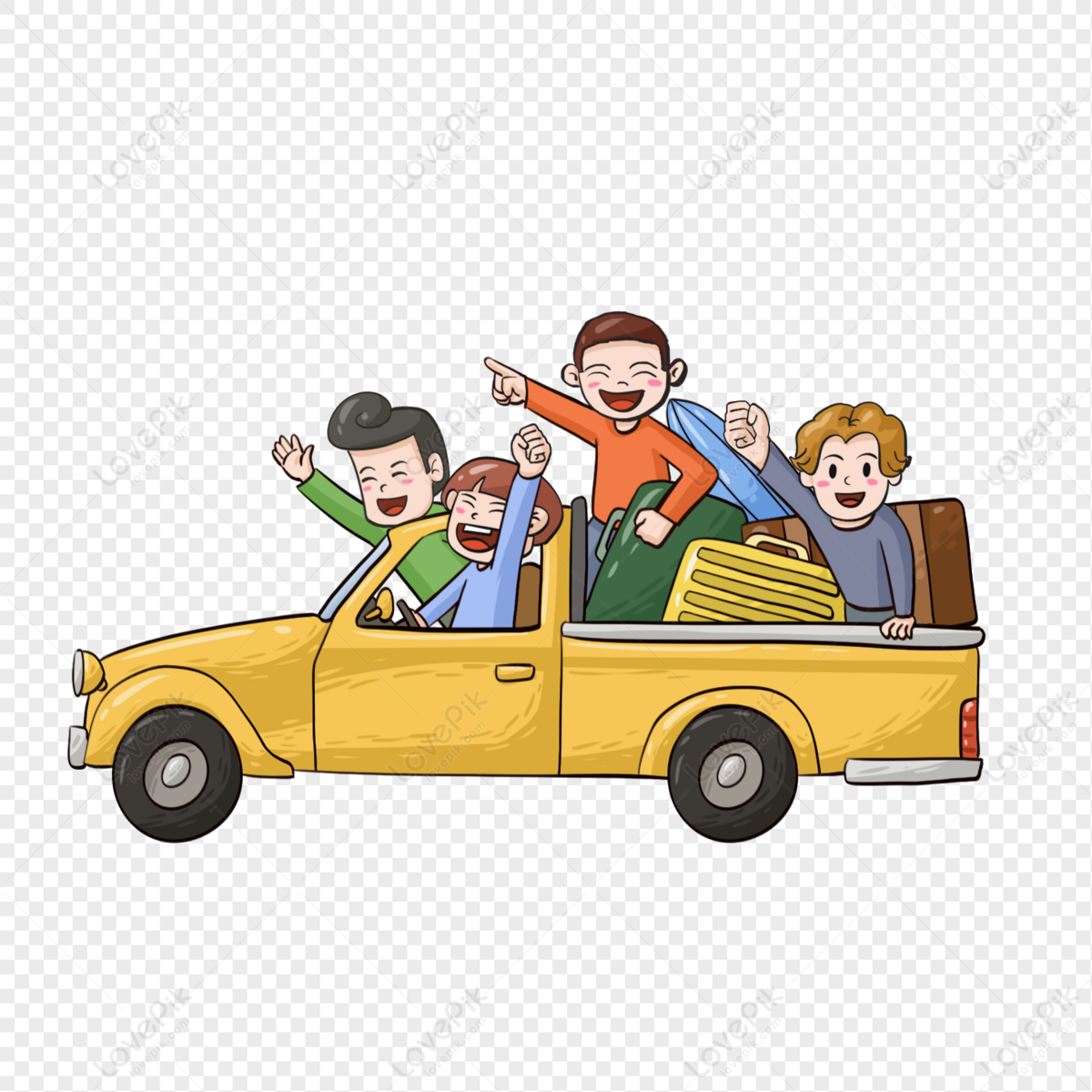 hand painted self driving family trip, cartoon comic, driving people, driving truck png picture