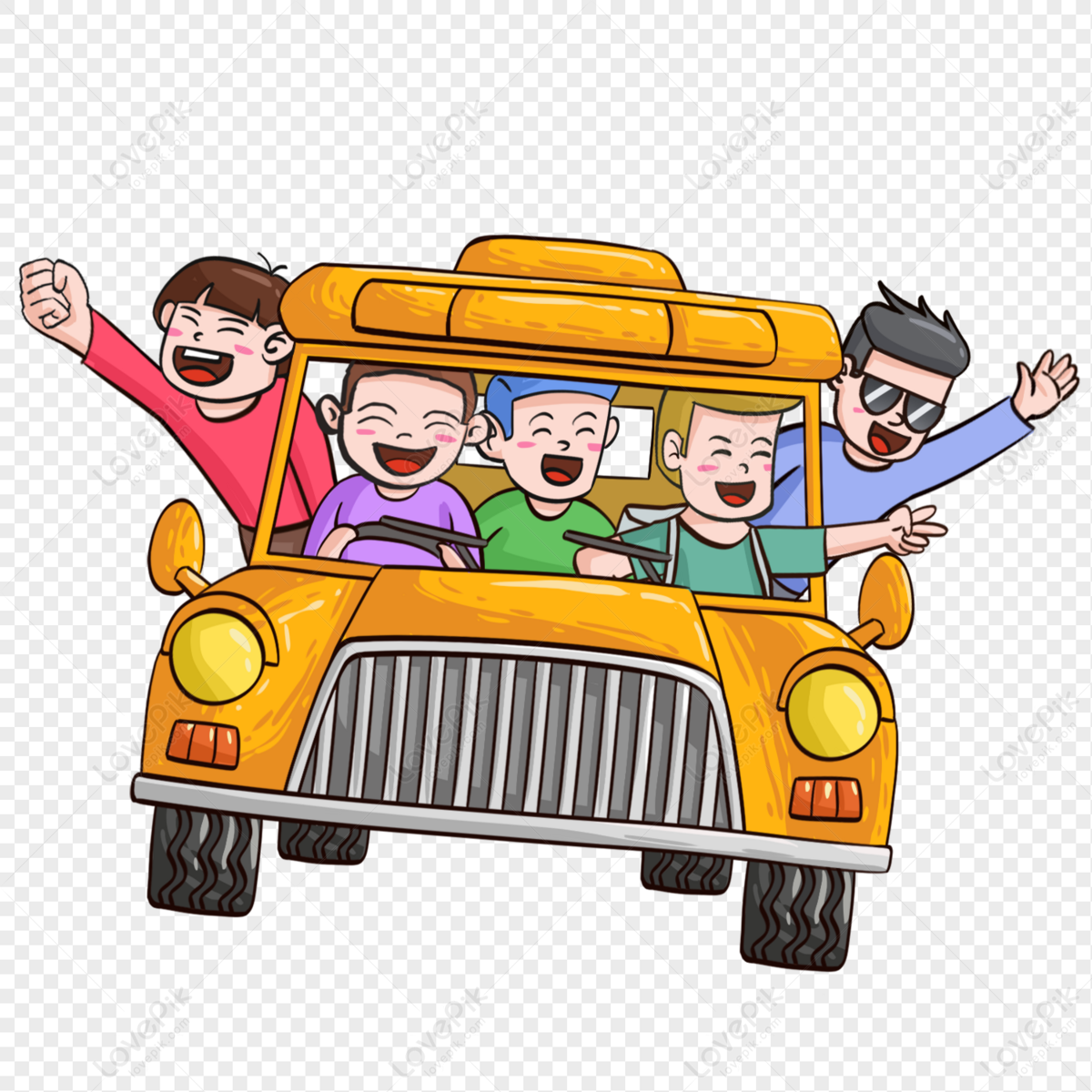 hand painted self driving family trip, bus cartoon, cartoon yellow, art kids png free download