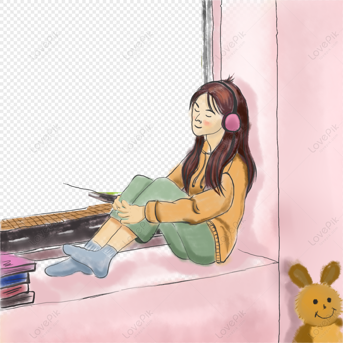 A Girl Listening To Songs By The Windowsill PNG Transparent Image And  Clipart Image For Free Download - Lovepik | 401125107