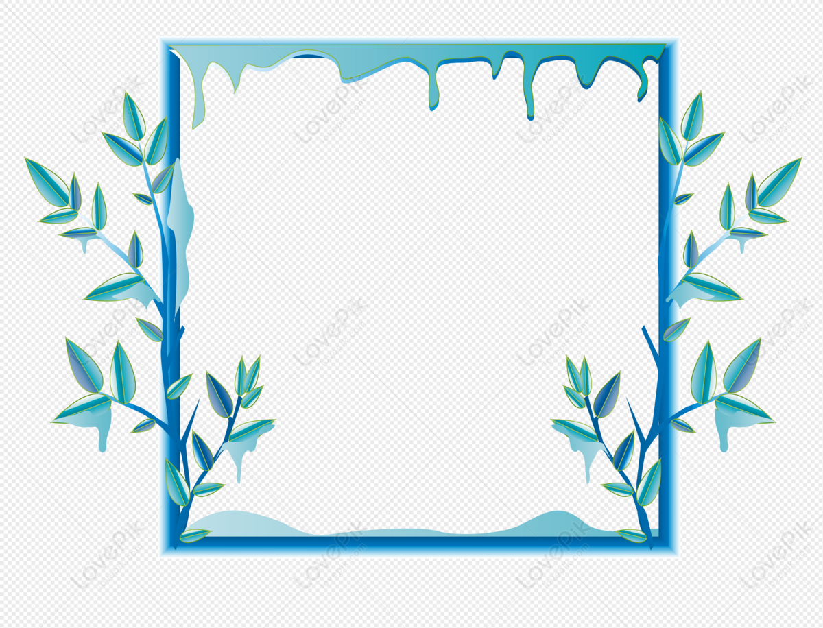 Winter frozen leaves border, blue dark, blue white, dark green png image