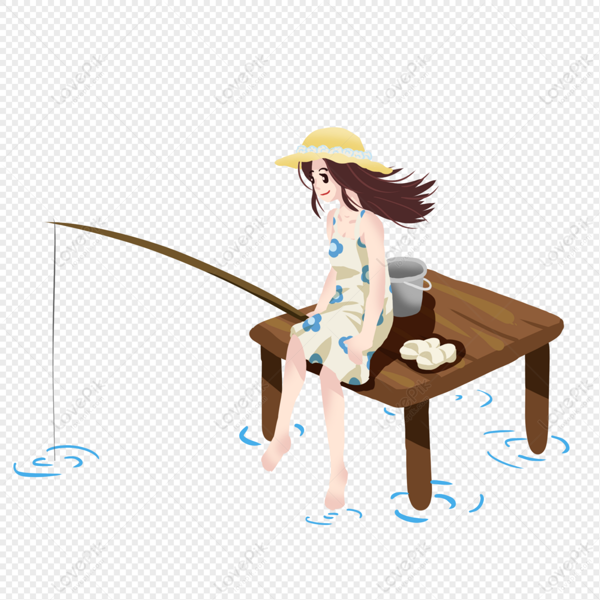 Girls Clipart Vector, A Girl, Fishing, Riverside, Cute PNG Image