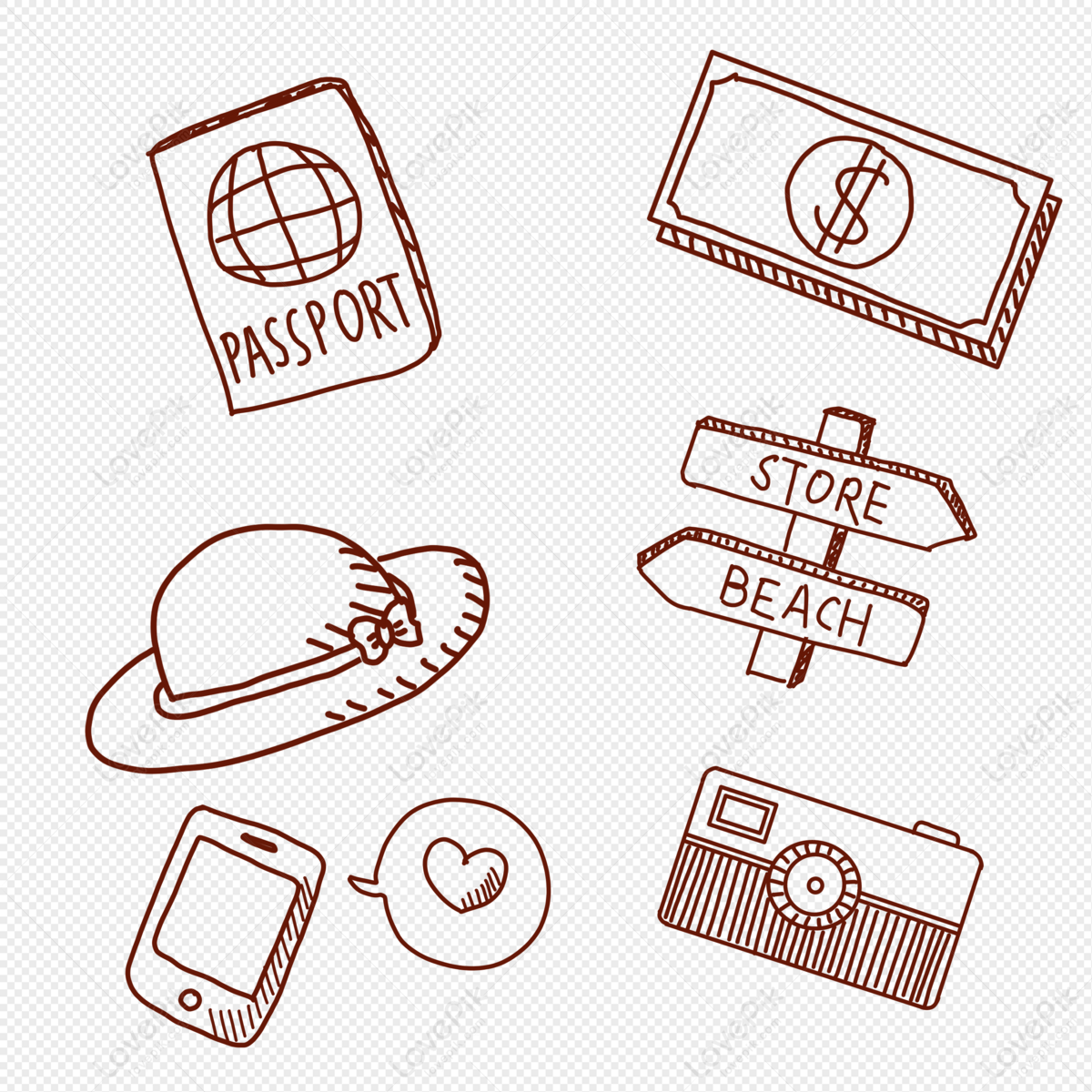 Hand drawn travel passport sun hat banknote camera mobile phone, travel hat, icon, banknotes png image