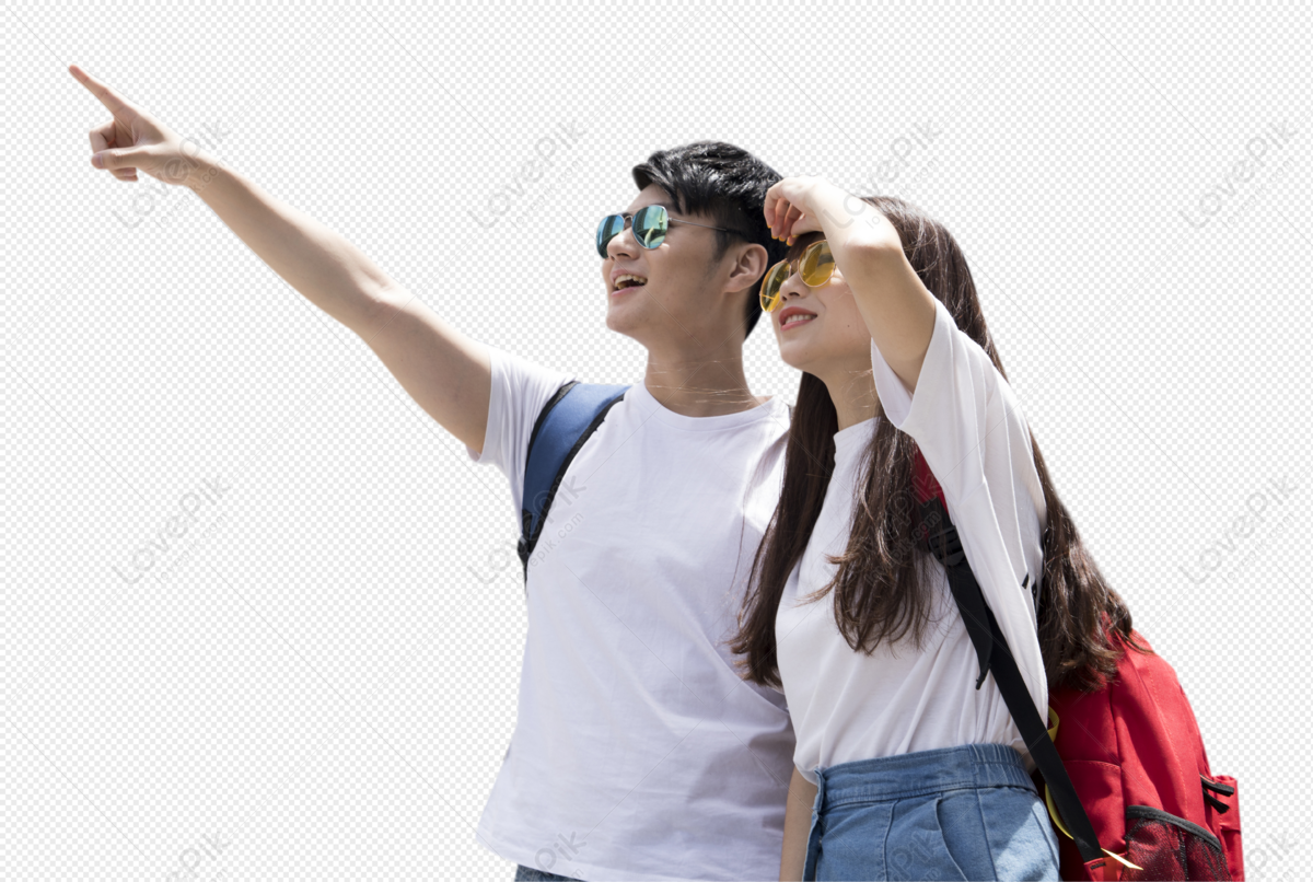 Couple traveling together, couple looking, man pointing, couple pointing png transparent background