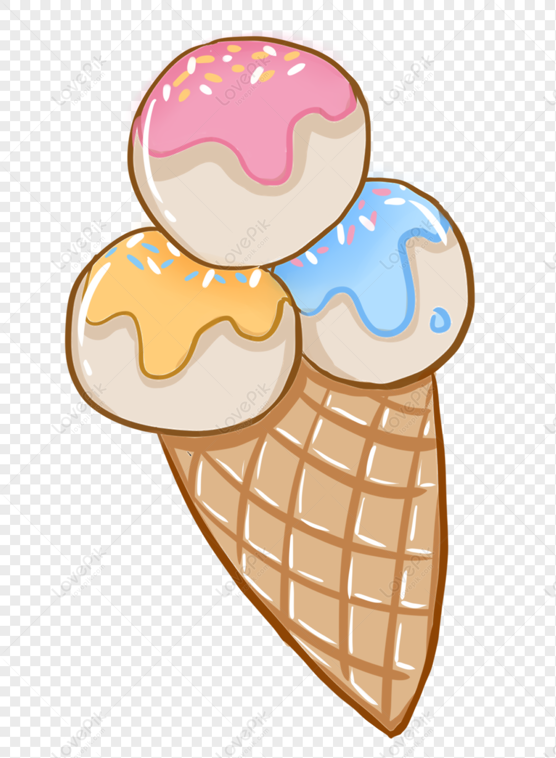 크리 에이 티브 손으로 그린 3 색 아이스크림 콘 딸기 블루 베리 음식 디저트 미식가 과자 간식 Png 일러스트 무료 다운로드 -  Lovepik