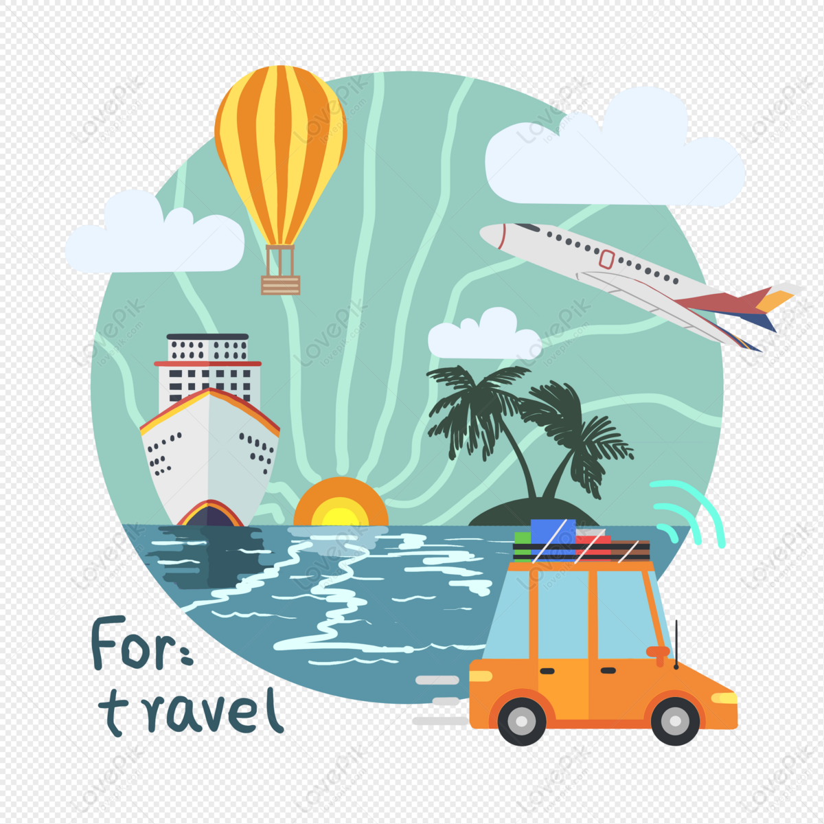 Travel theme illustration, airplane travel, travel vector, map travel png transparent image