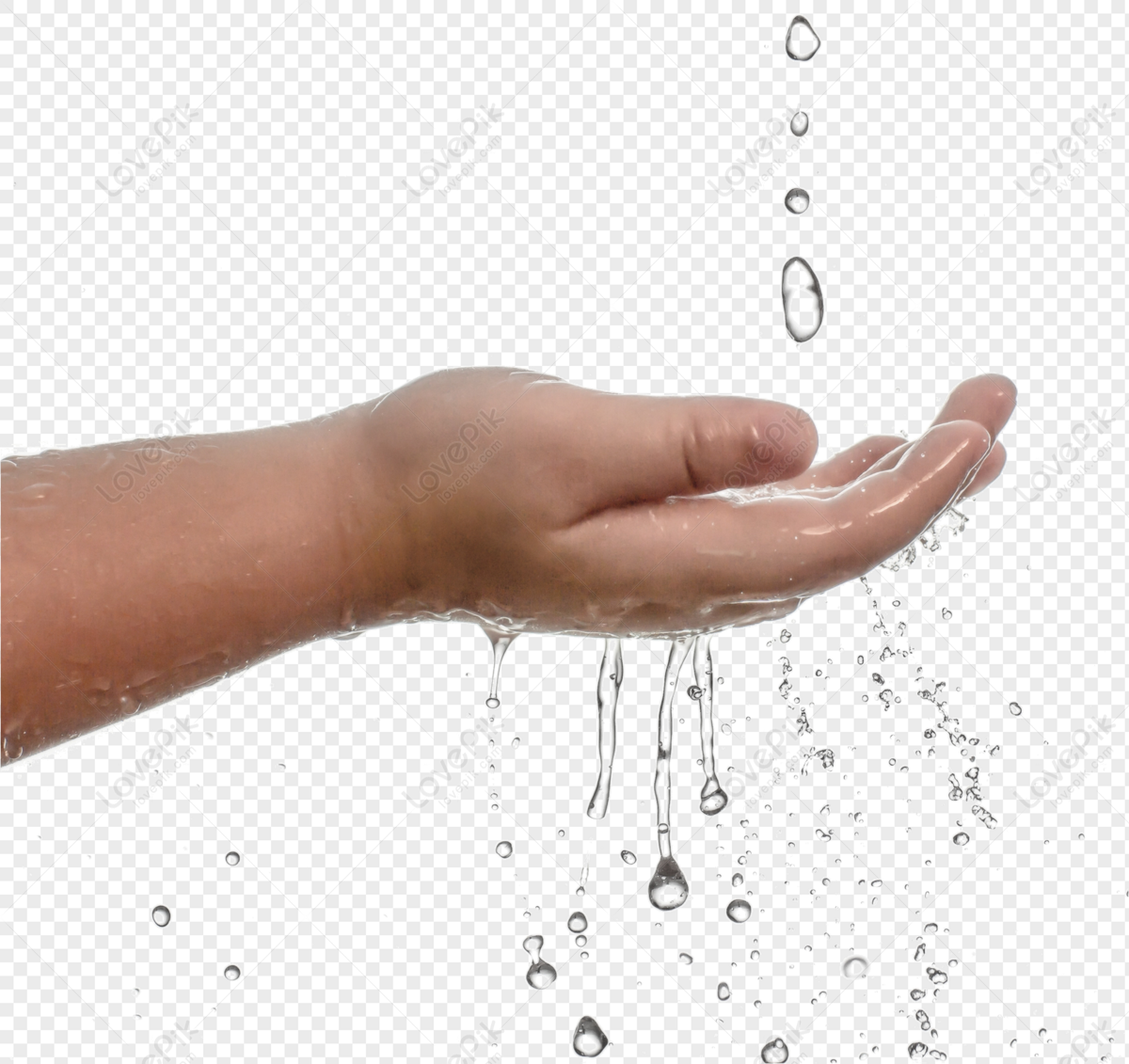Water droplets passing through the hand, hand water, hand water, material png picture