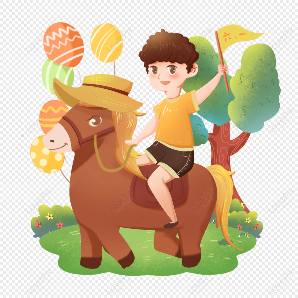 Childrens Day Cute Style Boys Meadow Pony Playing Balloons PNG Transparent  And Clipart Image For Free Download - Lovepik | 401334436