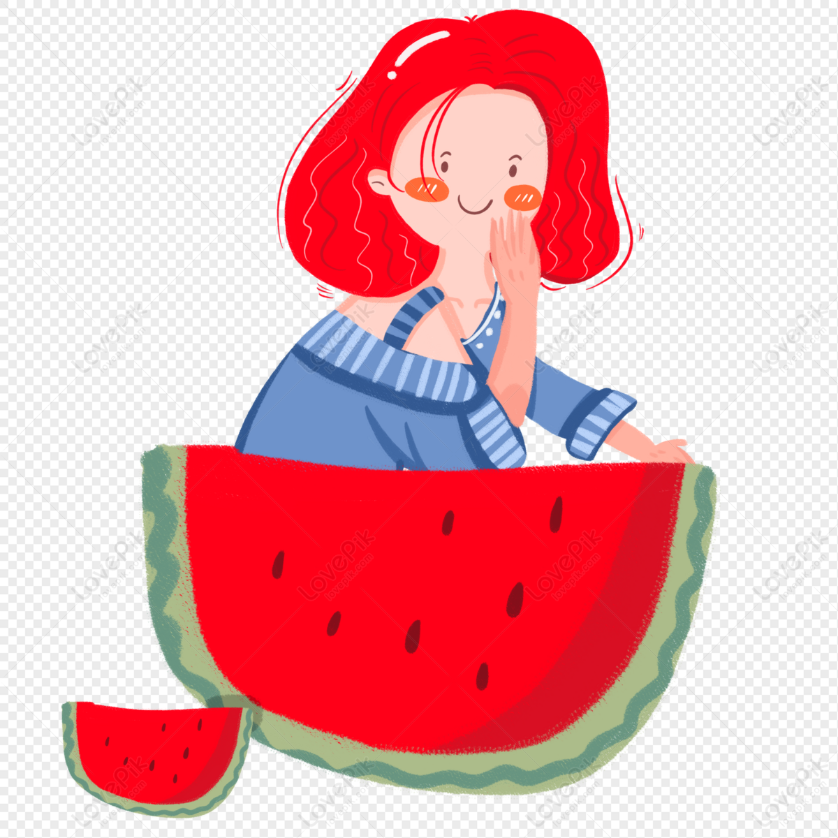 cartoon-minimalistic-girl-summer-watermelon-element-png-white