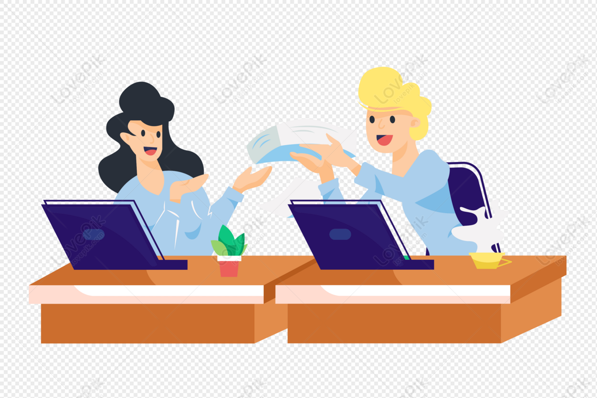 Passing documents between colleagues, computer vector, business computer, girl vector free png