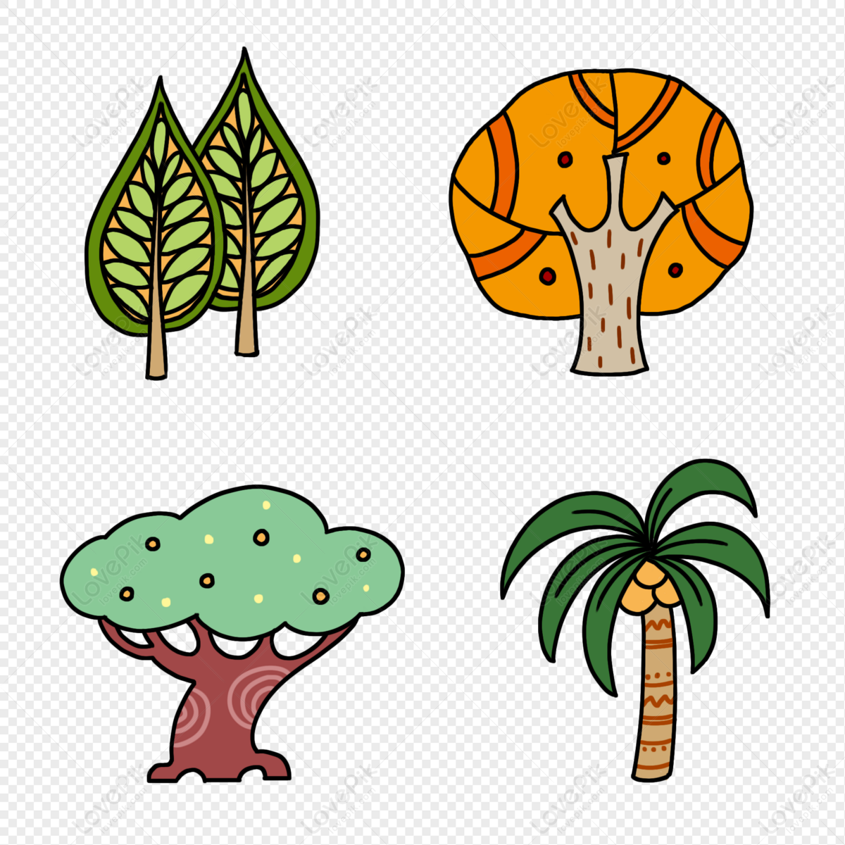 Un Conjunto De árboles De Estilo De Dibujos Animados PNG Imágenes Gratis -  Lovepik