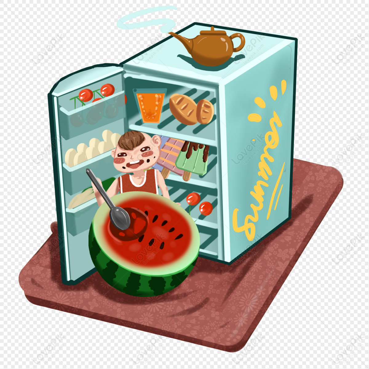 Anime thick painted Xiaoshu summer refrigerator before eating wa, paint, eating watermelon, wa png white transparent