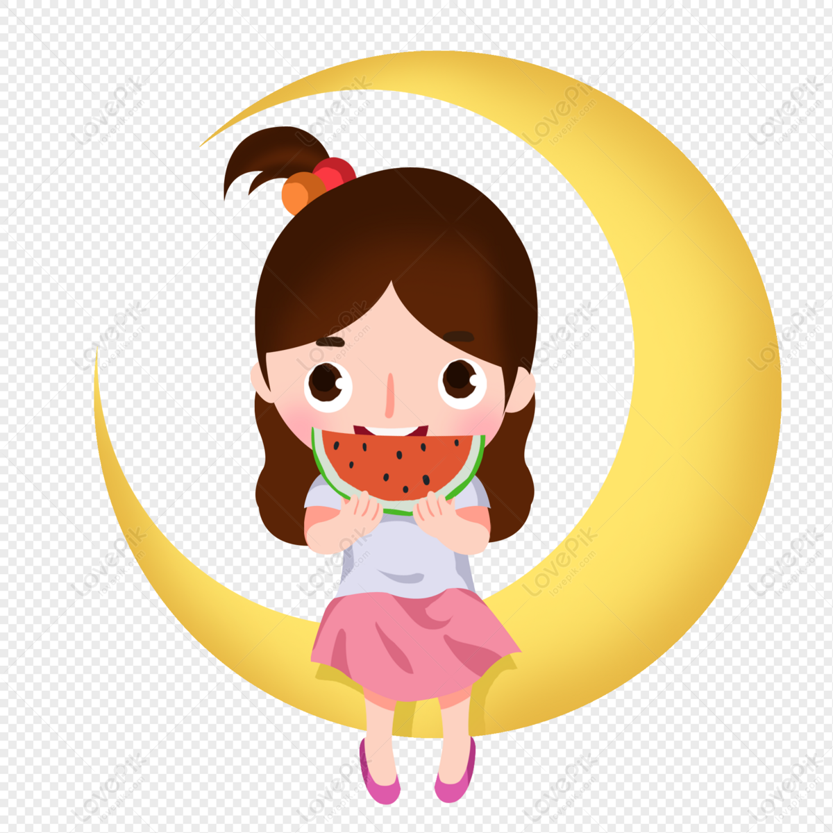 Cartoon Girl Sitting On The Moon Eating Watermelon PNG Transparent And  Clipart Image For Free Download - Lovepik | 401421656