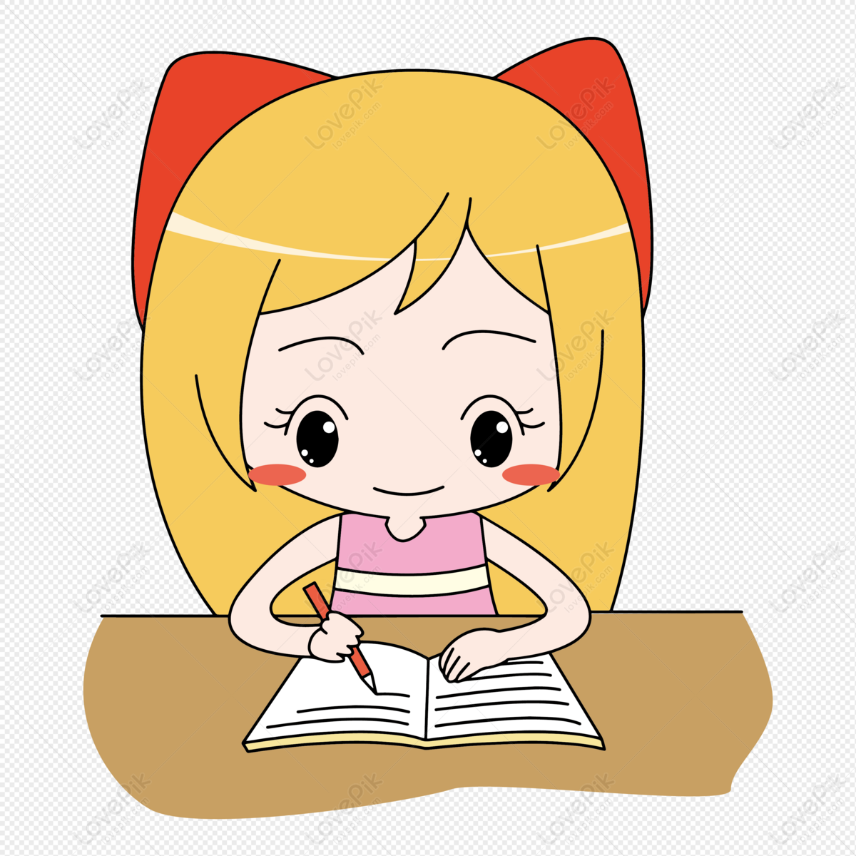 Girl who writes homework seriously during the school quarter, q version girl, and homework, quarter png hd transparent image