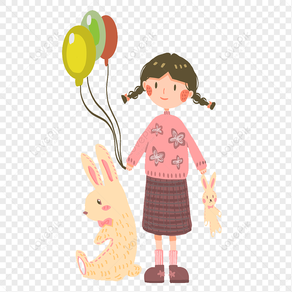 Cartoon girl birthday present, birthday girl, balloon, birthday png image