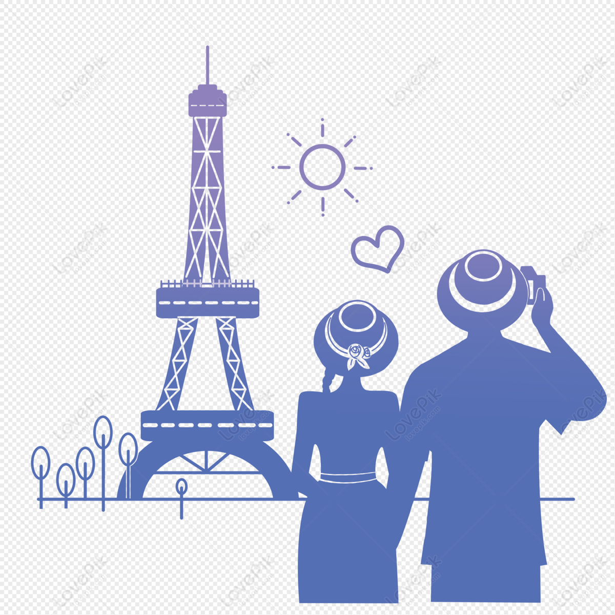 Couple travel eiffel tower silhouette, france, honeymoon, travel png transparent background