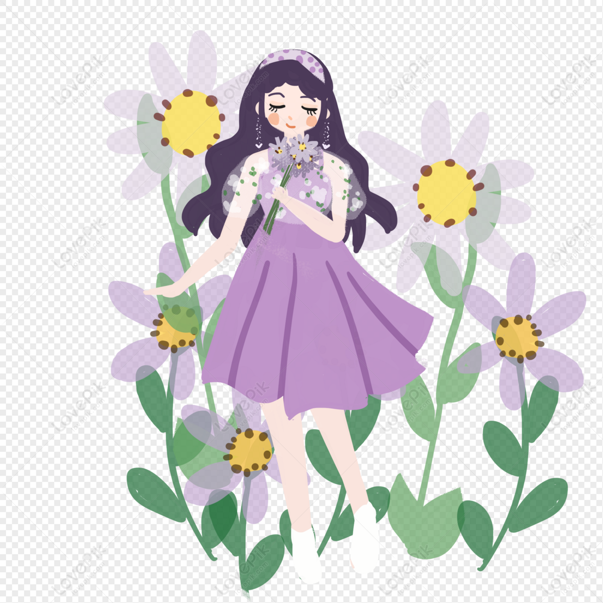 Hand Drawn Cartoon Little Fresh Purple Girl In The Flowers PNG Transparent  Background And Clipart Image For Free Download - Lovepik | 401455220