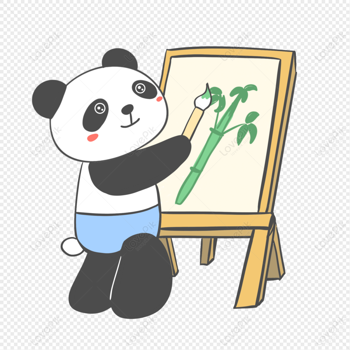 A cute cartoon panda cub eating bamboo on a white ba...