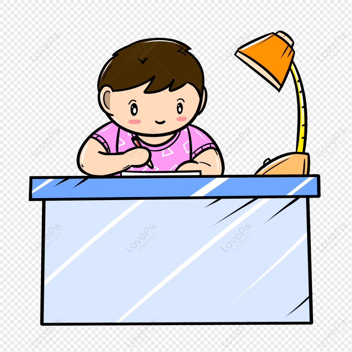 Little boy doing homework seriously during the school season, kids chores, and homework, children png transparent background