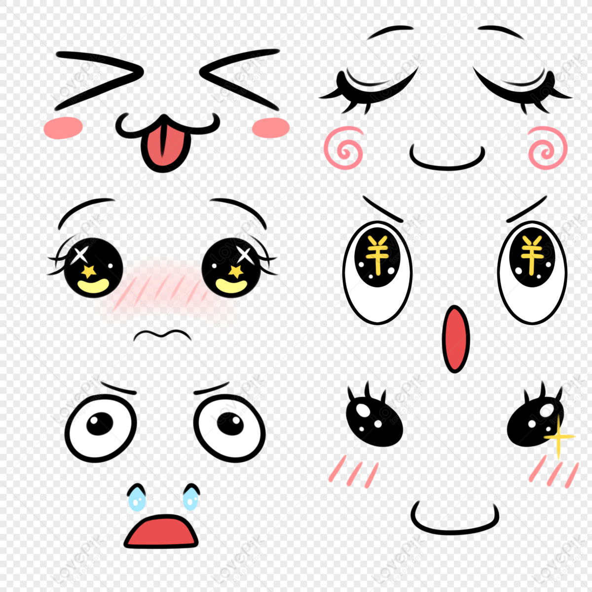 Rosto de anime surpreso. olhos redondos engraçados e boca grande kawaii.