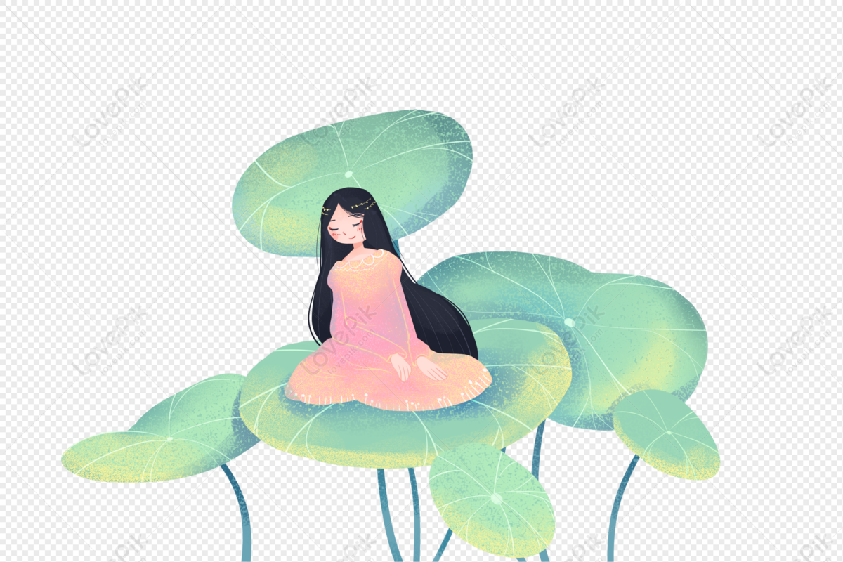 Girl Sitting On The Lotus Leaf, Lotus Girl, Girl, Lotus Leaf Free PNG ...