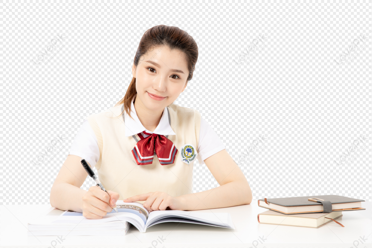 Female high school student who is writing homework, material, and homework, school writing png white transparent