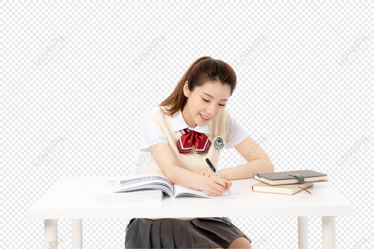 Female high school student who is writing homework, material, and homework, top student png transparent background