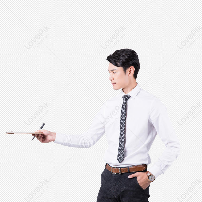 Male White Collar Holding A Notepad, Book, Concept, Looking To The Left ...