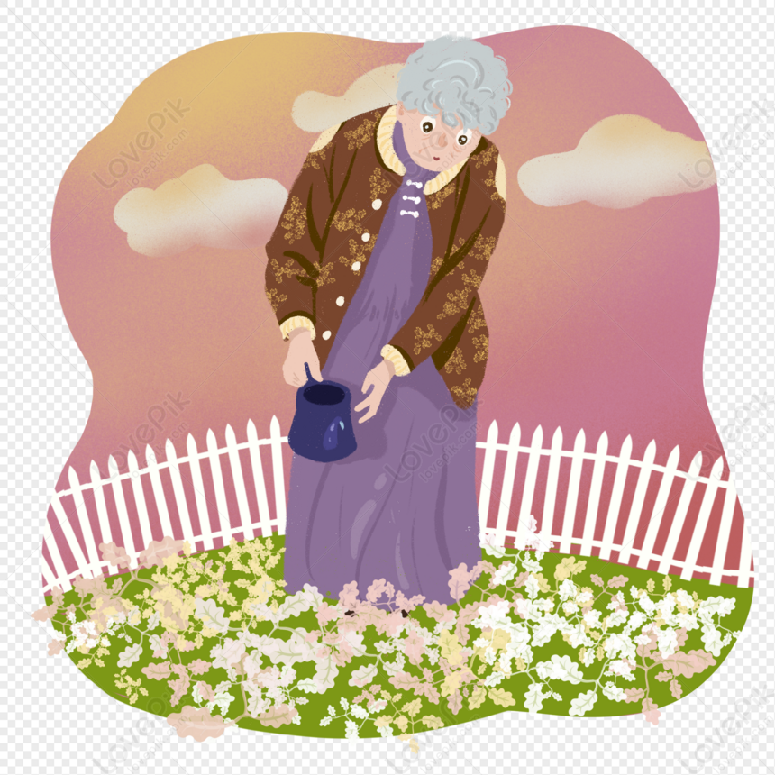 Old Grandmother Watering The Flowers In The Garden PNG Transparent And ...