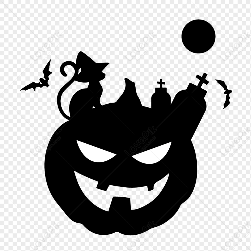 ハロウィーンの魔法猫シルエット イラスト ハロウィーン 黒と白 簡潔 フリー素材 透過 Lovepik